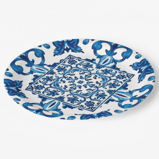 Italiaanse stijl, Mediterraan, mozaïek, blauw, Papieren Bordje (Gekanteld)