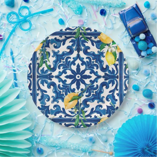 Italiaanse stijl, Mediterraan, mozaïek, blauw, Papieren Bordje (Feest)