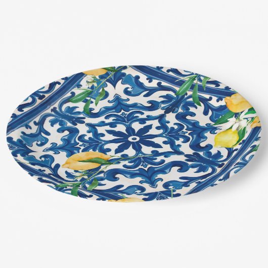 Italiaanse stijl, Mediterraan, mozaïek, blauw, Papieren Bordje (Gekanteld)