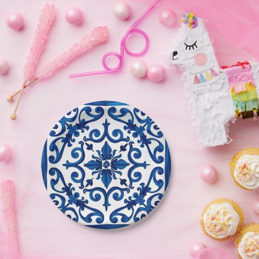 Italiaanse stijl, Mediterraan, mozaïek, blauw, Papieren Bordje (Feest)