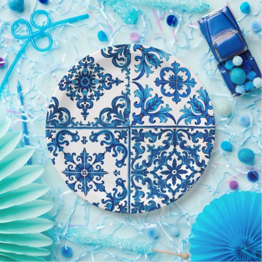 Italiaanse stijl, Mediterraan, mozaïek, blauw, Papieren Bordje (Feest)