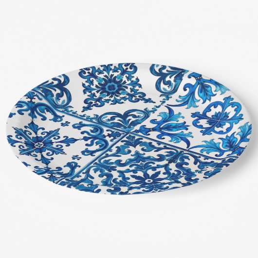 Italiaanse stijl, Mediterraan, mozaïek, blauw, Papieren Bordje (Gekanteld)