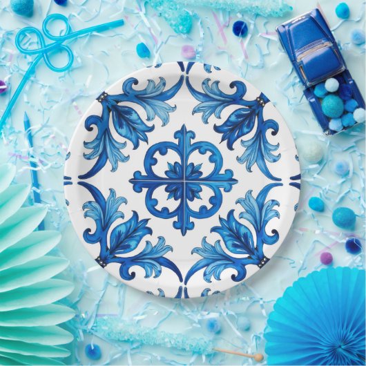 Italiaanse stijl, Mediterraan, mozaïek, blauw, Papieren Bordje (Feest)