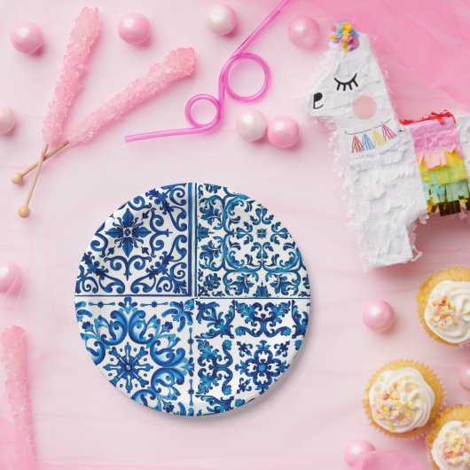 Italiaanse stijl, Mediterraan, mozaïek, blauw, Papieren Bordje (Feest)