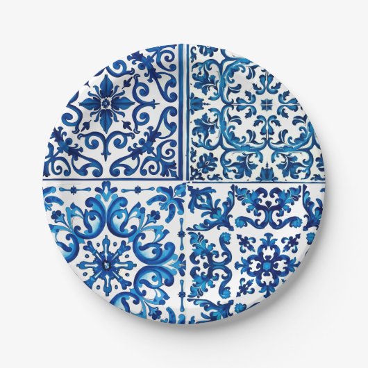 Italiaanse stijl, Mediterraan, mozaïek, blauw, Papieren Bordje (Voorkant)