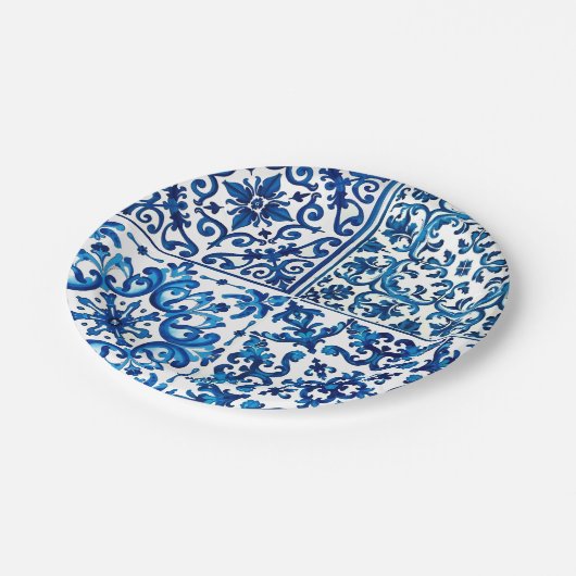 Italiaanse stijl, Mediterraan, mozaïek, blauw, Papieren Bordje (Gekanteld)