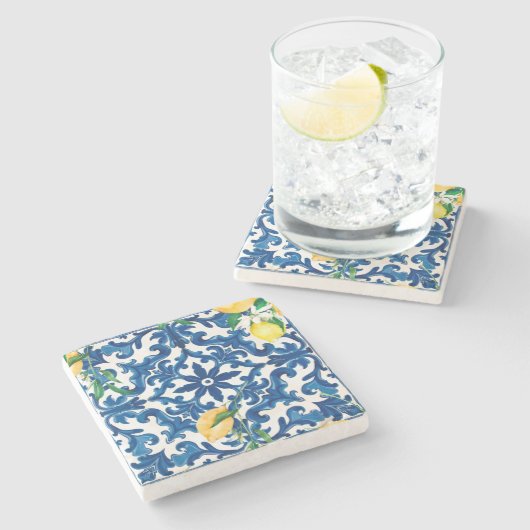 Italiaanse stijl, Mediterraan, mozaïek, blauw, Stenen Onderzetter (Zijkant)