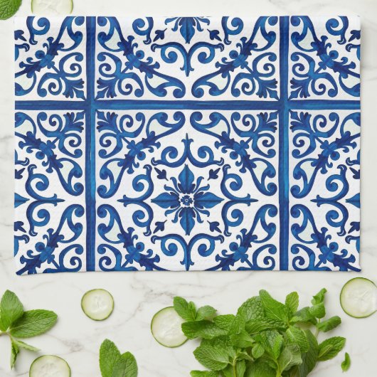 Italiaanse stijl, Mediterraan, mozaïek, blauw, Theedoek (Gevouwen)