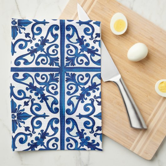 Italiaanse stijl, Mediterraan, mozaïek, blauw, Theedoek (Quarter Fold)