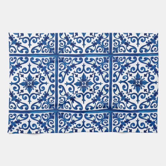 Italiaanse stijl, Mediterraan, mozaïek, blauw, Theedoek (Horizontaal)