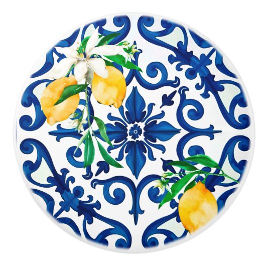 Italiaanse stijl, mozaïek, blauw, citroen, keramische knop (Voorkant)