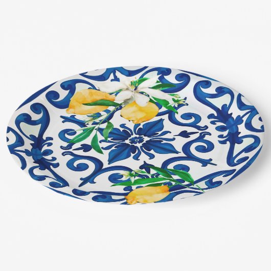 Italiaanse stijl, mozaïek, blauw, citroen, papieren bordje (Gekanteld)