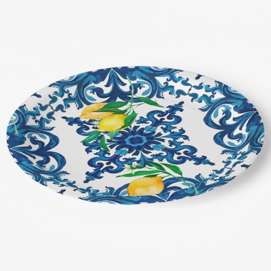 Italiaanse stijl, mozaïek, blauw, citroen, papieren bordje (Gekanteld)