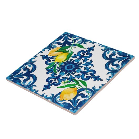 Italiaanse stijl, mozaïek, blauw, citroen, tegeltje (Zijkant)