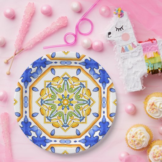Italiaanse stijl, tegels, majolica All-Over Print Papieren Bordje (Feest)