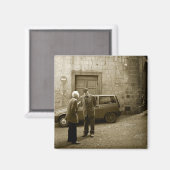 Italiaanse straatbeeld in sepia vierkante magneet (Voorkant / Achterkant)