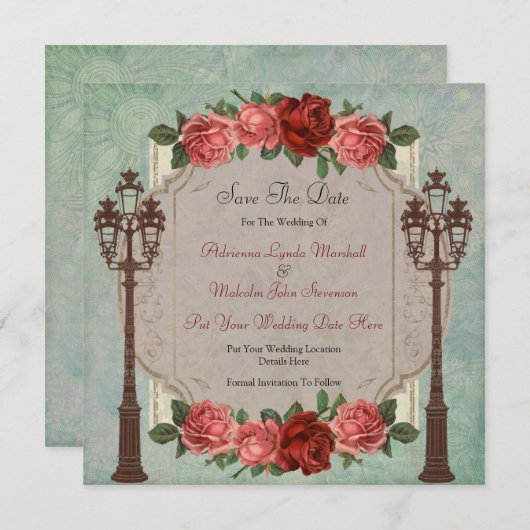 Italiaanse straatlampen en -Rozen sparen de datum Save The Date (Voorkant / Achterkant)