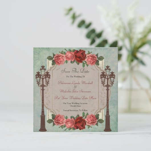  Italiaanse straatlampen en -Rozen sparen de datum Save The Date (Staand voorkant)