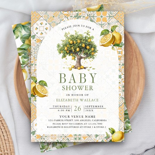 Italiaanse tegel citroenboom QR-code baby shower Kaart