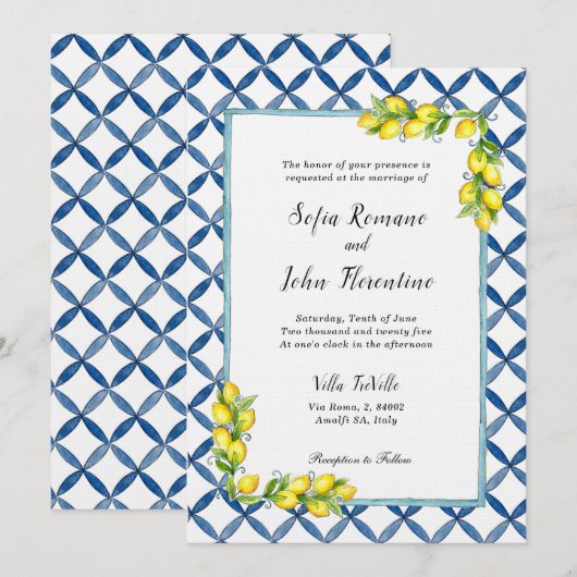 Italiaanse tegels en citroenpatroonuitnodiging kaart (Voorkant / Achterkant)
