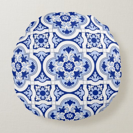 Italiaanse tegels, majolica, blauw en wit patroon rond kussen (Voorkant)
