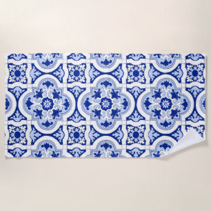 Italiaanse tegels, majolica, blauw en wit patroon strandlaken