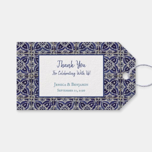 Italiaanse Tiles Azulejo Blue White Geometric Wedd Cadeaulabel (Voorkant (Horizontaal))