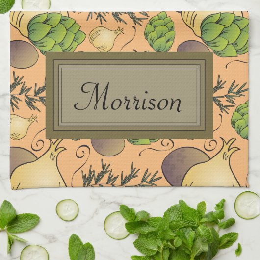 Italiaanse Veggies en Rosemary Custom Monogram Theedoek (Gevouwen)