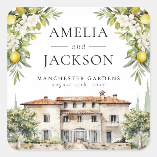 Italiaanse villa's citroenen & olijven vierkante sticker (Voorkant)
