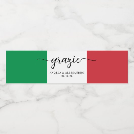Italiaanse vlag Elegante kalligrafie Grazie Waterfles Etiket (Enkel label)