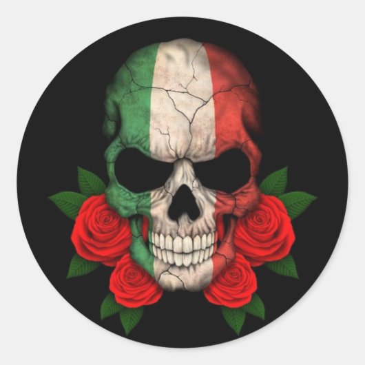 Italiaanse vlag schedel met rode rozen ronde sticker (Voorkant)