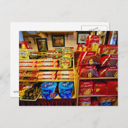 Italiaanse voedingsmiddelen en zoetjes op het brie briefkaart (Voorkant / Achterkant)