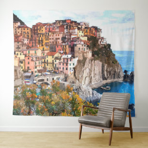 Italiaanse Waterverf van de Amalfi-kust Kunstschil Wandkleed