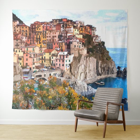 Italiaanse Waterverf van de Amalfi-kust Kunstschil Wandkleed (In Situ (horizontaal))