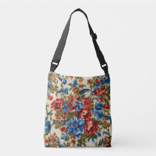 Italiaanse weelderige rode en blauwe bloemen met w crossbody tas