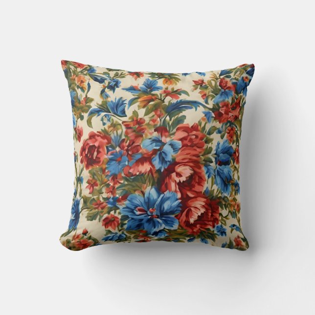 Italiaanse weelderige rode en blauwe bloemen met w kussen (Voorkant)