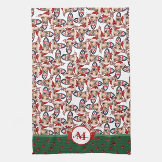 Italiaanse Windhond Patroon Monogram Kerstmis Hond Theedoek (Verticaal)