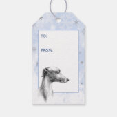 Italiaanse windhond portret sneeuwvlokken blauw cadeaulabel (Achterkant)