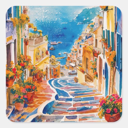 Italiaanse zomer ,Positano, Italië Amalfi Kust Zon Vierkante Sticker (Voorkant)