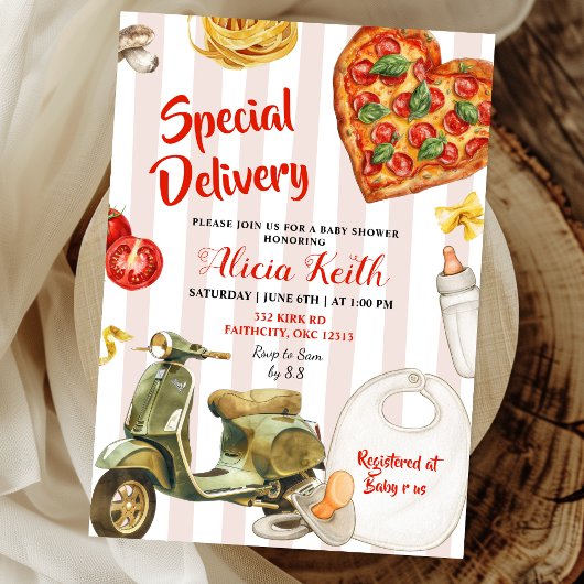 italian baby shower pizza special delivery kaart