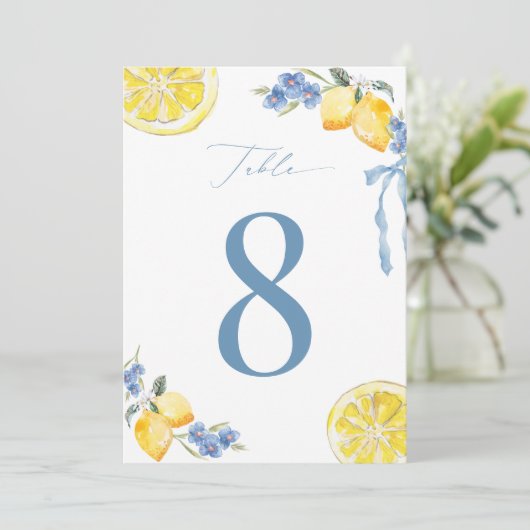 Italian Blue Bow Lemon Wedding 5x7 Table Number Kaart (Staand voorkant)