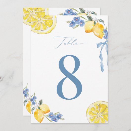 Italian Blue Bow Lemon Wedding 5x7 Table Number Kaart (Voorkant / Achterkant)