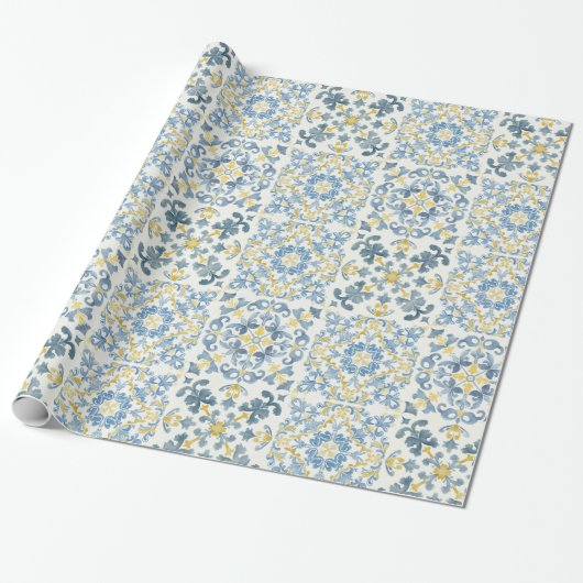 Italian Blue Tegel Lemon Cadeaupapier (Uitgerold)