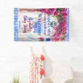 Italian Blue Tile Pink Flowers Mamma Mia Party Spandoek (Insitu)