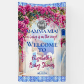 Italian Blue Tile Pink Flowers Mamma Mia Party Spandoek (Verticaal)