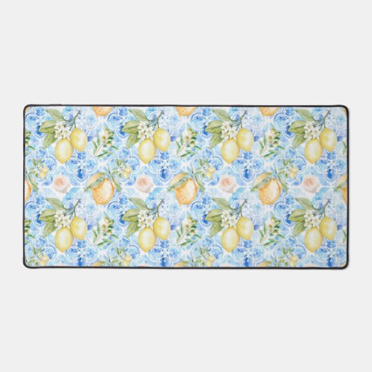 Italian Blue Tile Yellow Citrus Watercolor Bureaumat (Voorkant)