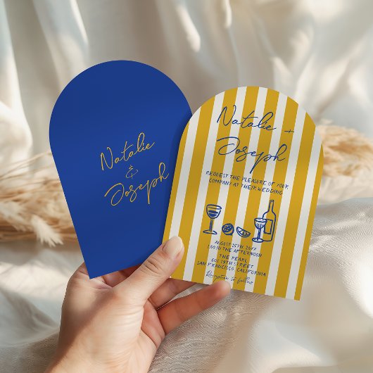 Italian Blue Yellow Hand Written Arched Wedding Kaart
