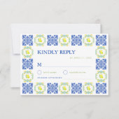 Italian Blue & Yellow Lemon Tile Wedding RSVP Kaartje (Voorkant)
