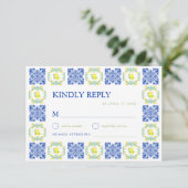 Italian Blue & Yellow Lemon Tile Wedding RSVP Kaartje (Staand voorkant)