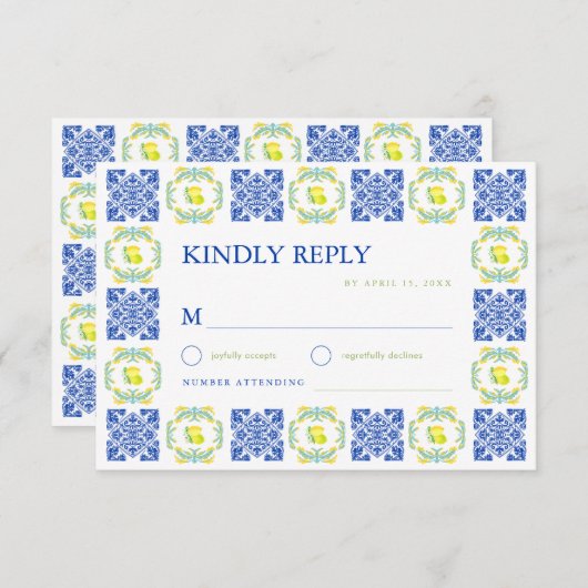 Italian Blue & Yellow Lemon Tile Wedding RSVP Kaartje (Voorkant / Achterkant)